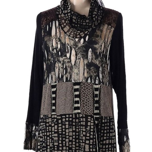 Woman Lee Andersen Wearable Art Maxi Dress Black Gray Brown Cowl Neck Size M - Picture 3 of 5